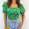 Cropped Feminino com Bojo Manga Bufante Estampado Verde - Fernanda Ramos Store