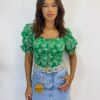 Cropped Feminino com Bojo Manga Bufante Estampado Verde - Fernanda Ramos Store