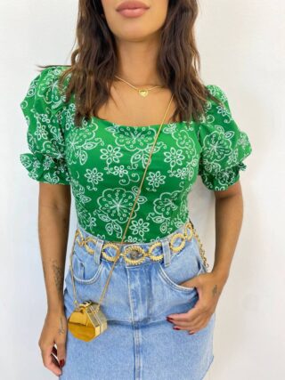 Cropped Feminino com Bojo Manga Bufante Estampado Verde - Fernanda Ramos Store