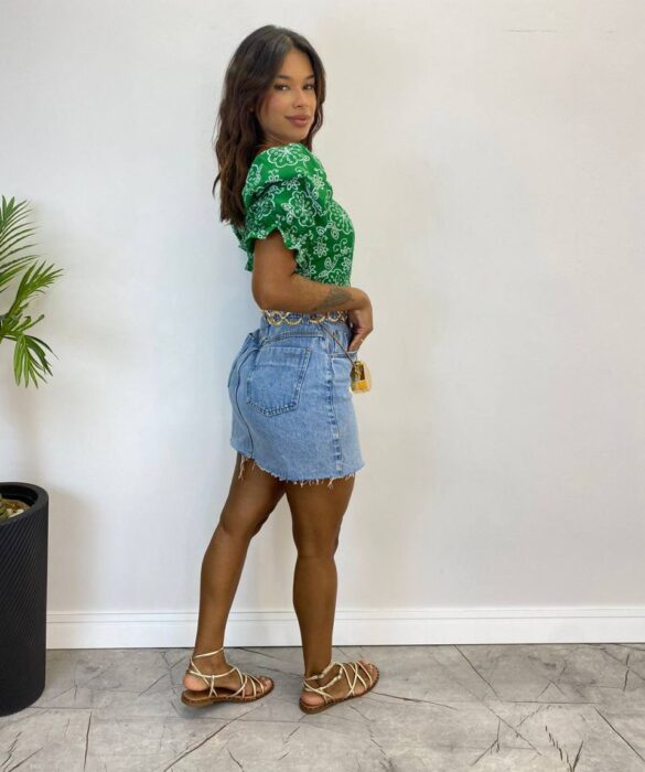 Cropped Feminino com Bojo Manga Bufante Estampado Verde - Fernanda Ramos Store