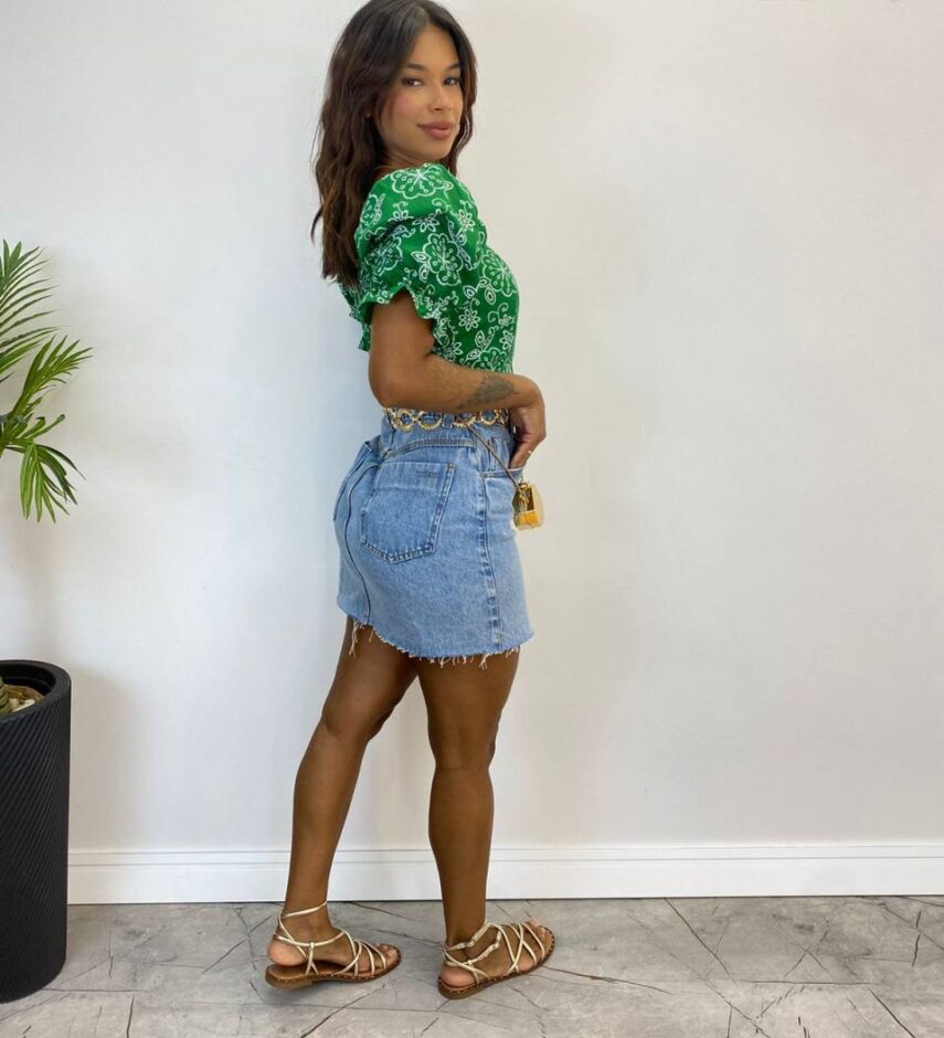 Cropped Feminino com Bojo Manga Bufante Estampado Verde - Fernanda Ramos Store