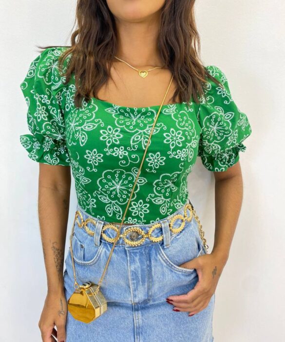 Cropped Feminino com Bojo Manga Bufante Estampado Verde - Fernanda Ramos Store