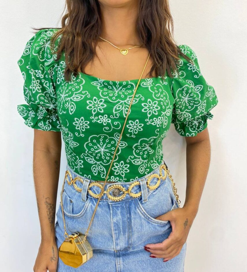 Cropped Feminino com Bojo Manga Bufante Estampado Verde - Fernanda Ramos Store