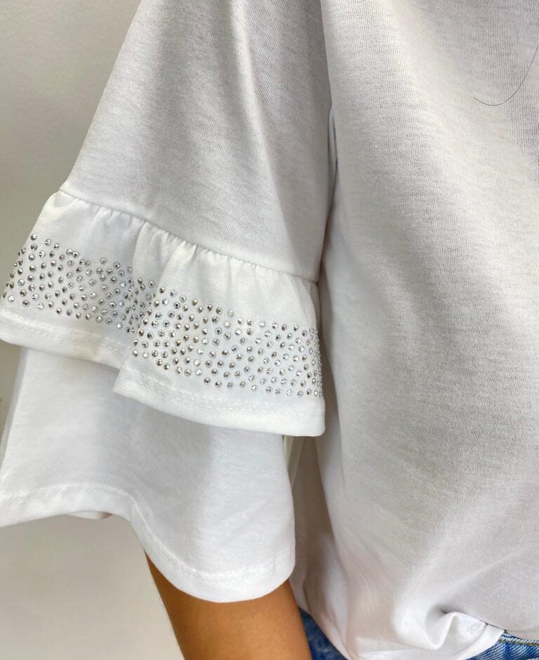 Cropped Feminino Fernanda Branco sem Bojo com Aplicações na Manga - Fernanda Ramos Store