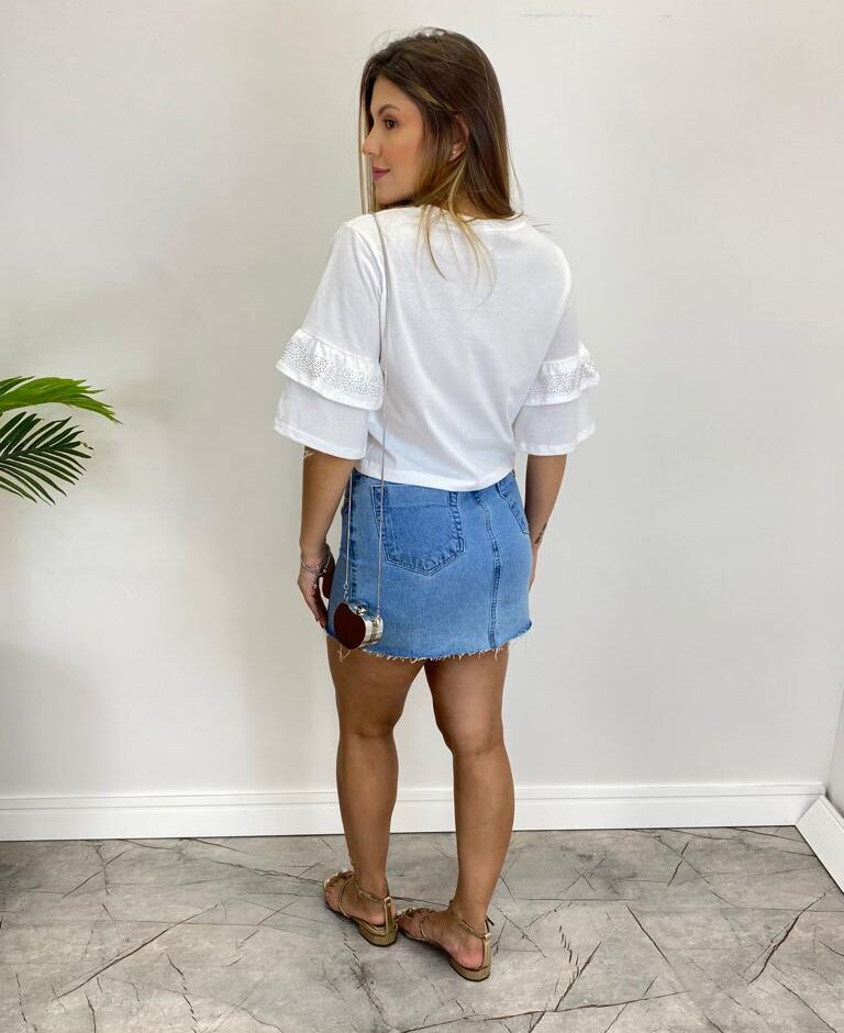 Cropped Feminino Fernanda Branco sem Bojo com Aplicações na Manga - Fernanda Ramos Store