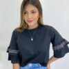 Cropped Feminino Fernanda Preto sem Bojo com Aplicações na Manga - Fernanda Ramos Store