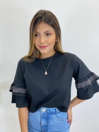 Cropped Feminino Fernanda Preto sem Bojo com Aplicações na Manga - Fernanda Ramos Store