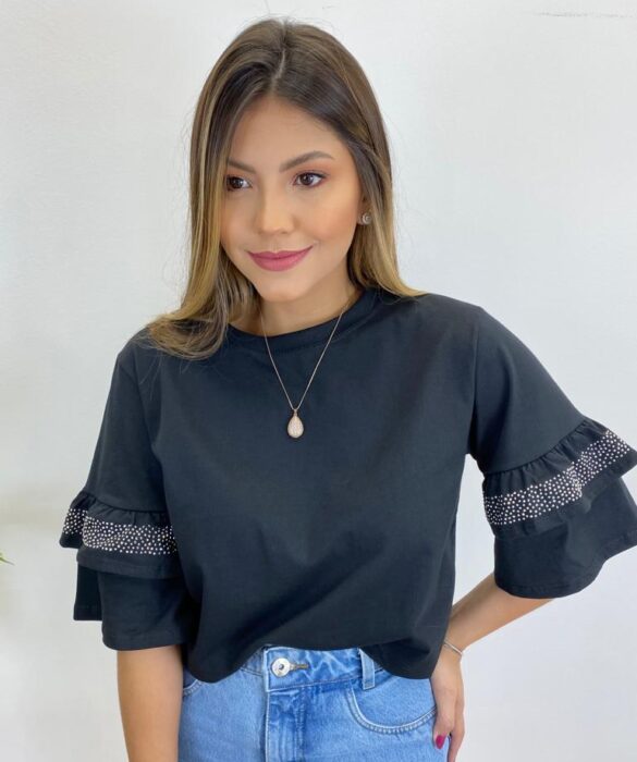 Cropped Feminino Fernanda Preto sem Bojo com Aplicações na Manga - Fernanda Ramos Store