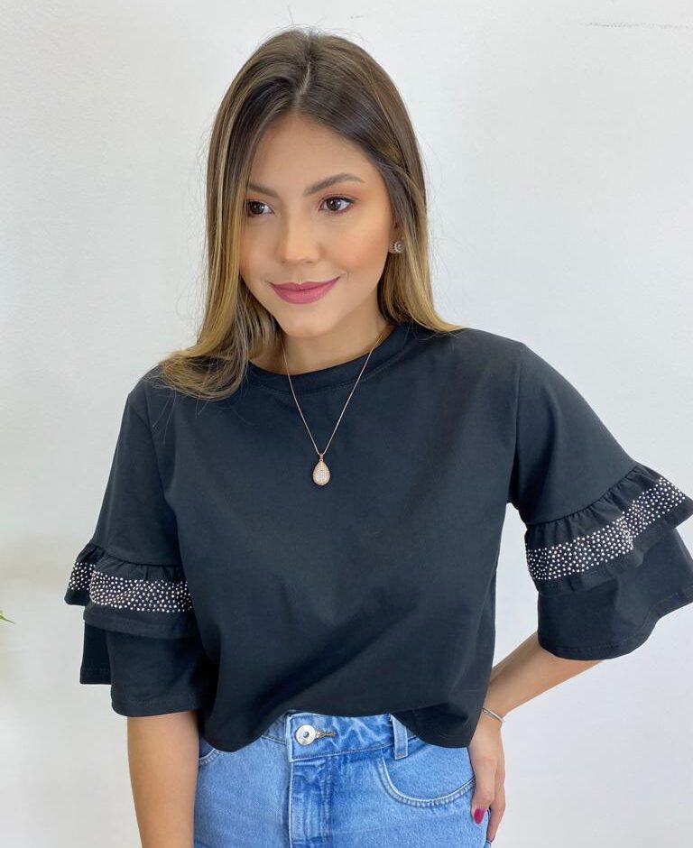 Cropped Feminino Fernanda Preto sem Bojo com Aplicações na Manga - Fernanda Ramos Store