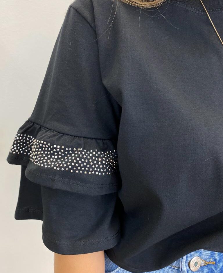 Cropped Feminino Fernanda Preto sem Bojo com Aplicações na Manga - Fernanda Ramos Store