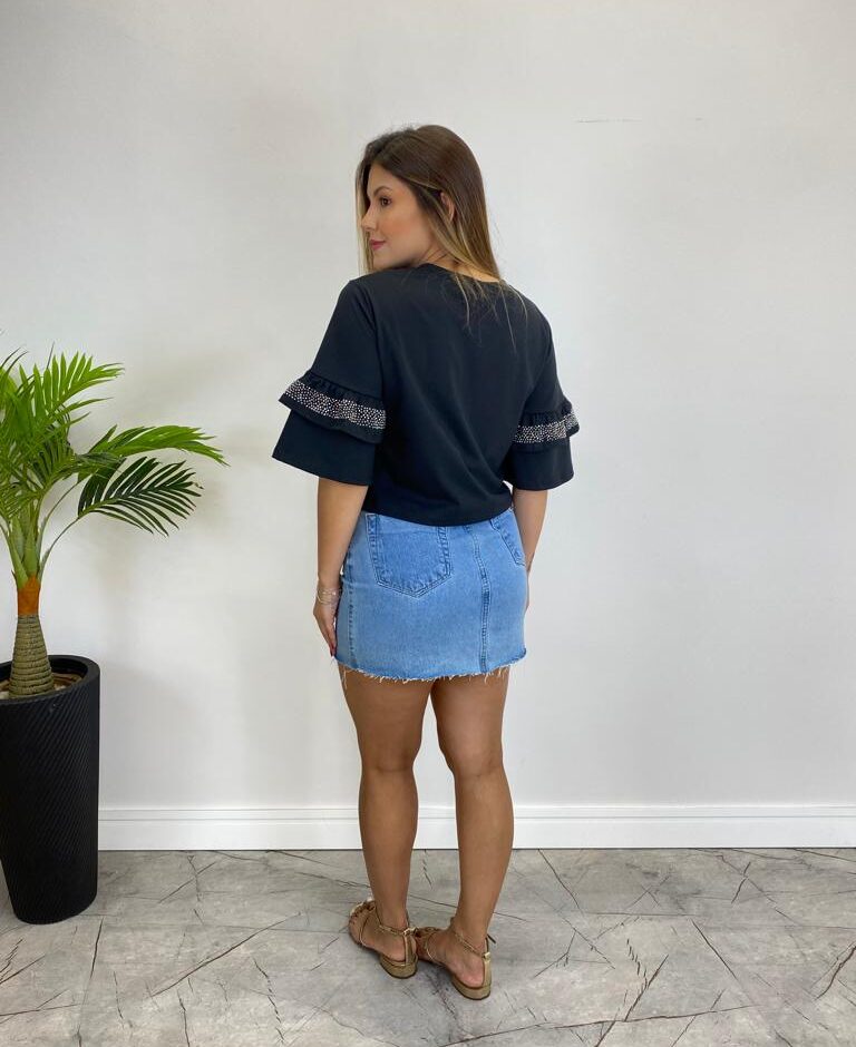 Cropped Feminino Fernanda Preto sem Bojo com Aplicações na Manga - Fernanda Ramos Store