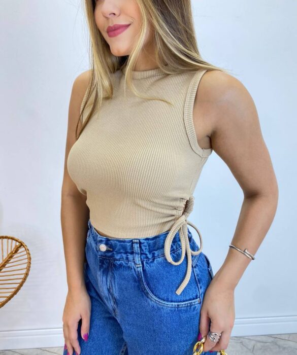 Cropped Feminino Liz Malha Canelada sem Bojo Bege - Fernanda Ramos Store