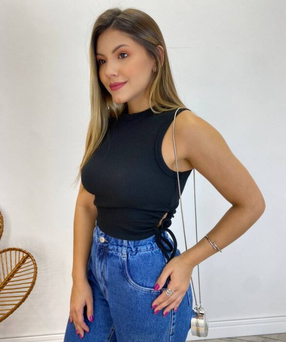 Cropped Feminino Liz Malha Canelada sem Bojo Preto - Fernanda Ramos Store