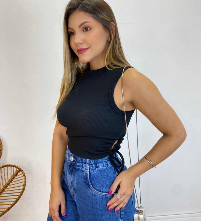 Cropped Feminino Liz Malha Canelada sem Bojo Preto - Fernanda Ramos Store