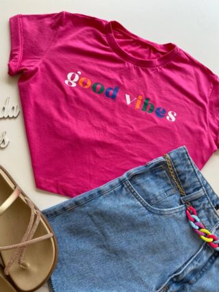 Cropped Feminino Manga Curta Good Vibes Pink - Fernanda Ramos Store