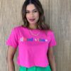 Cropped Feminino Manga Curta Good Vibes Pink - Fernanda Ramos Store