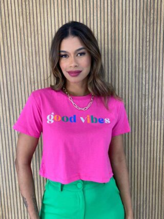 Cropped Feminino Manga Curta Good Vibes Pink - Fernanda Ramos Store