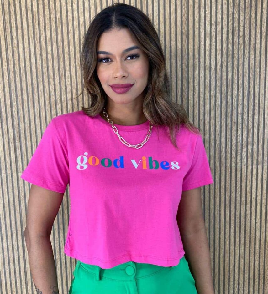 Cropped Feminino Manga Curta Good Vibes Pink - Fernanda Ramos Store