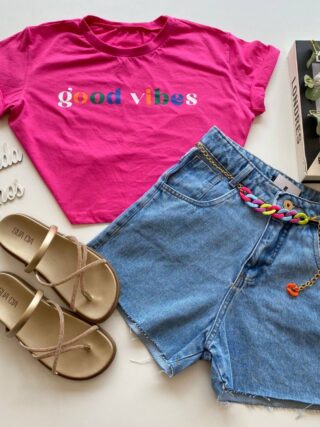 Cropped Feminino Manga Curta Good Vibes Pink - Fernanda Ramos Store