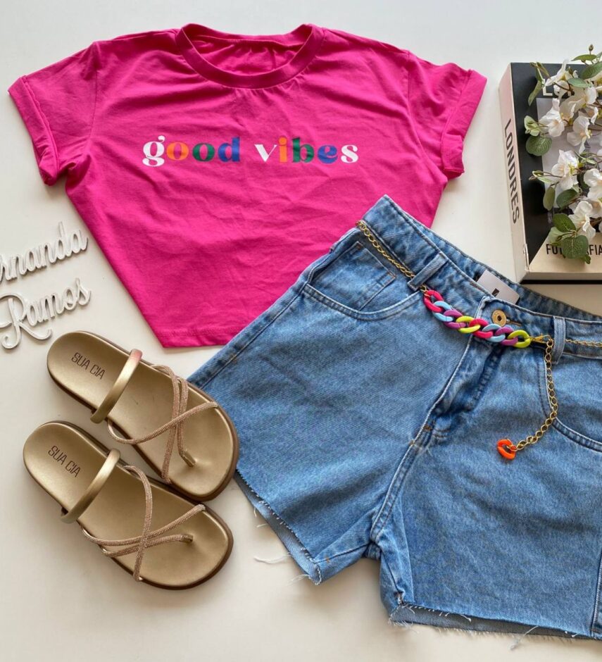 Cropped Feminino Manga Curta Good Vibes Pink - Fernanda Ramos Store