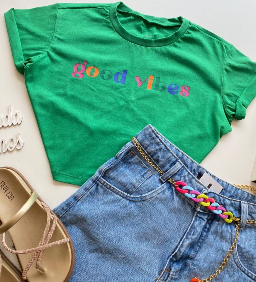 Cropped Feminino Manga Curta Good Vibes Verde - Fernanda Ramos Store