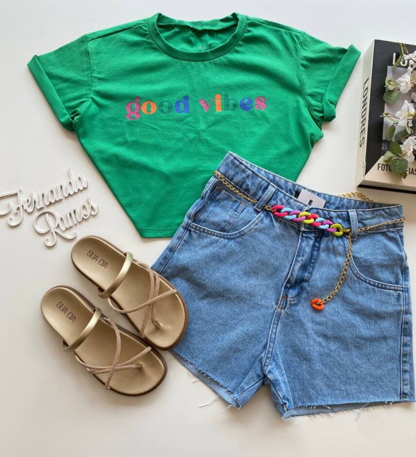 Cropped Feminino Manga Curta Good Vibes Verde - Fernanda Ramos Store