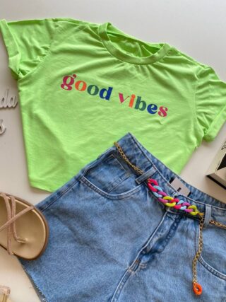 Cropped Feminino Manga Curta Good Vibes Verde Neon - Fernanda Ramos Store