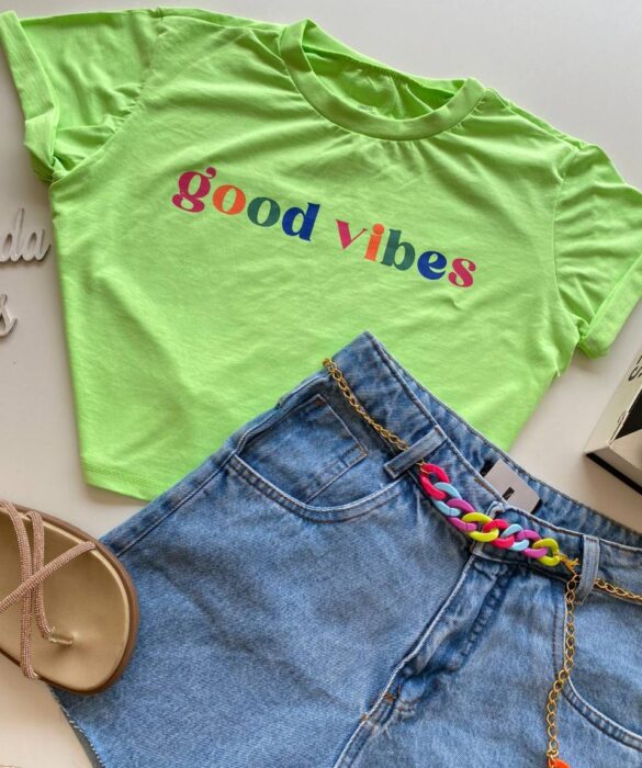 Cropped Feminino Manga Curta Good Vibes Verde Neon - Fernanda Ramos Store