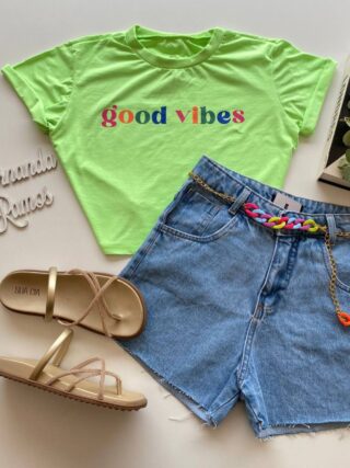 Cropped Feminino Manga Curta Good Vibes Verde Neon - Fernanda Ramos Store