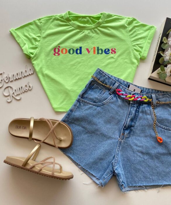 Cropped Feminino Manga Curta Good Vibes Verde Neon - Fernanda Ramos Store