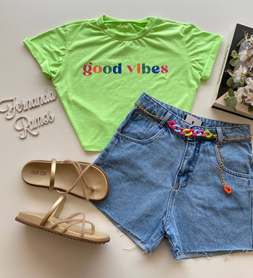 Cropped Feminino Manga Curta Good Vibes Verde Neon - Fernanda Ramos Store