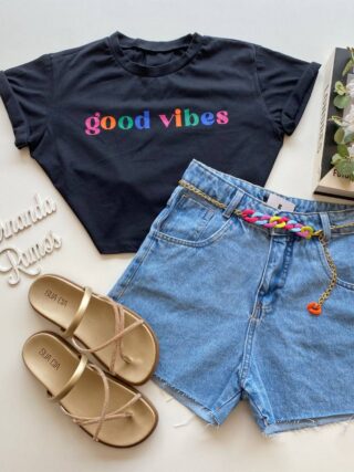 Cropped Feminino Manga Curta Preta Good Vibes - Fernanda Ramos Store