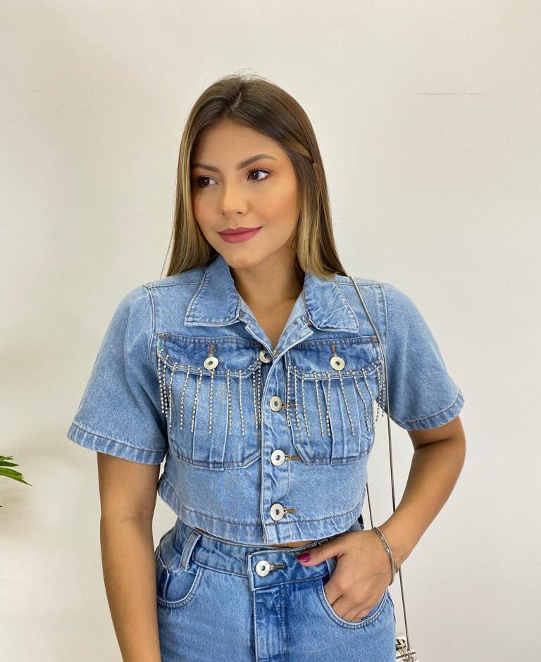 Cropped Feminino Manga Curta sem Bojo Jeans com Strass - Fernanda Ramos Store
