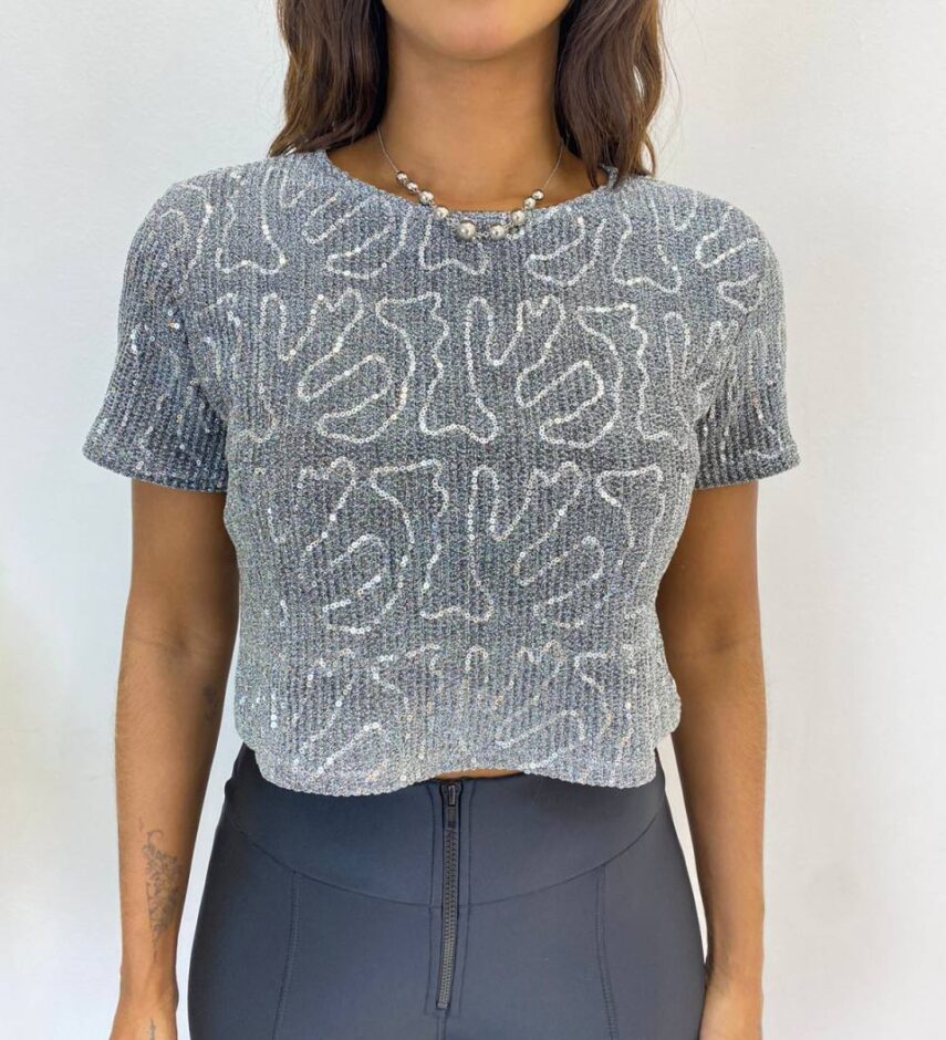 Cropped Feminino Manga Curta sem Bojo Patê Prata - Fernanda Ramos Store
