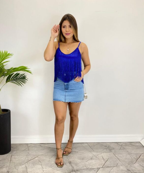 Cropped Feminino sem Bojo Brenda com Franjas Azul - Fernanda Ramos Store