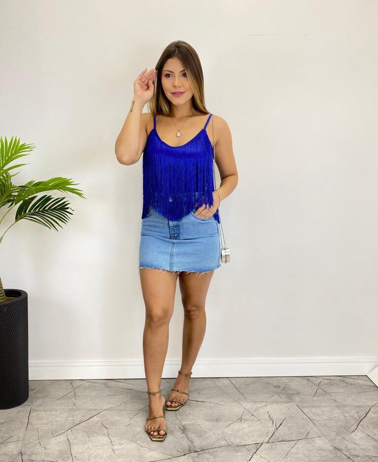 Cropped Feminino sem Bojo Brenda com Franjas Azul - Fernanda Ramos Store