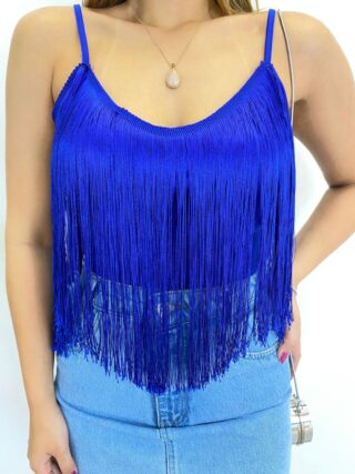 Cropped Feminino sem Bojo Brenda com Franjas Azul - Fernanda Ramos Store