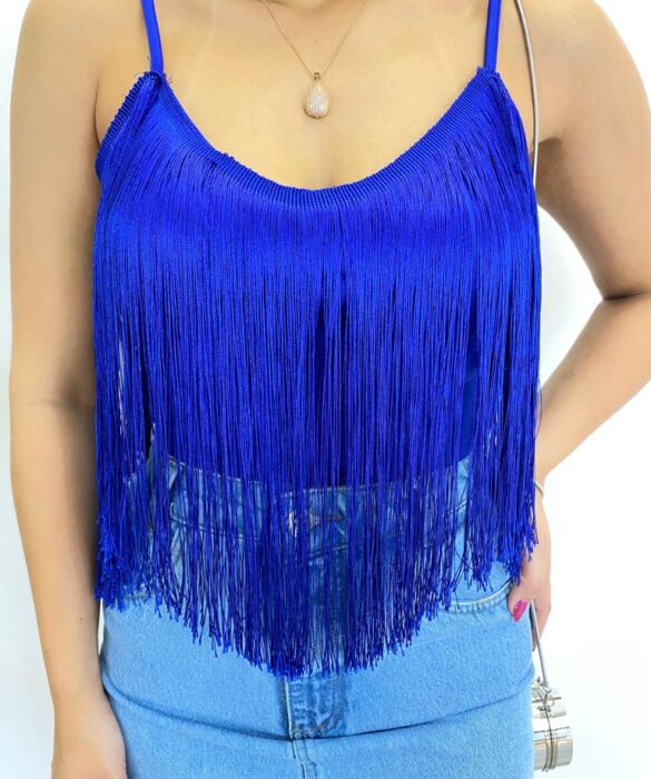 Cropped Feminino sem Bojo Brenda com Franjas Azul - Fernanda Ramos Store