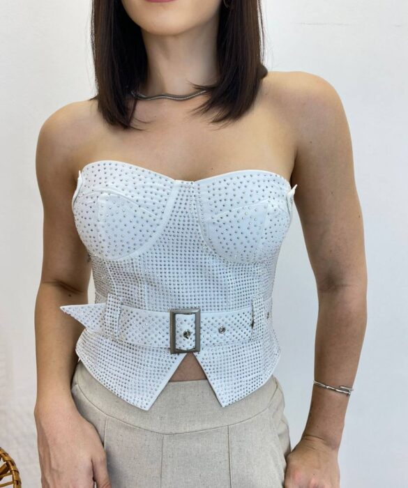 Cropped Feminino Tomara que Caia Branco sem Bojo com Cinto - Fernanda Ramos Store