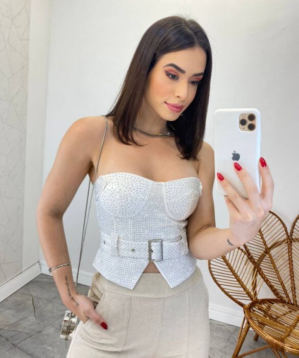 Cropped Feminino Tomara que Caia Branco sem Bojo com Cinto - Fernanda Ramos Store