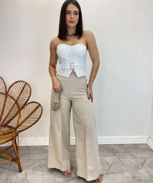 Cropped Feminino Tomara que Caia Branco sem Bojo com Cinto - Fernanda Ramos Store