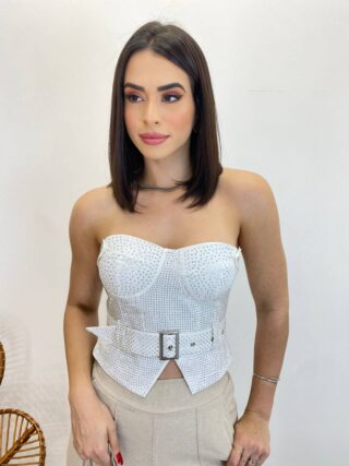 Cropped Feminino Tomara que Caia Branco sem Bojo com Cinto - Fernanda Ramos Store