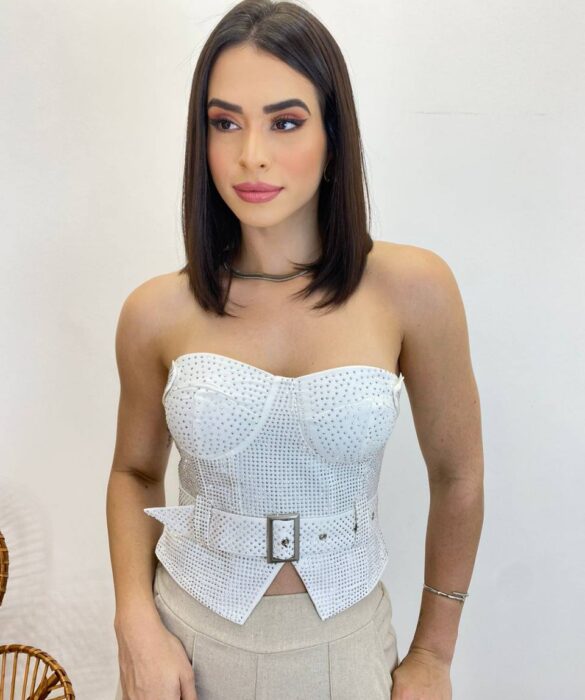 Cropped Feminino Tomara que Caia Branco sem Bojo com Cinto - Fernanda Ramos Store