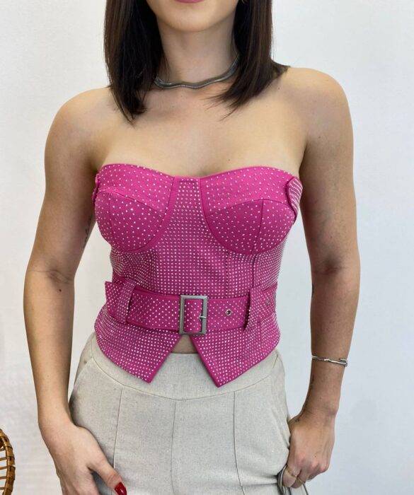 Cropped Feminino Tomara que Caia Pink sem Bojo com Cinto - Fernanda Ramos Store