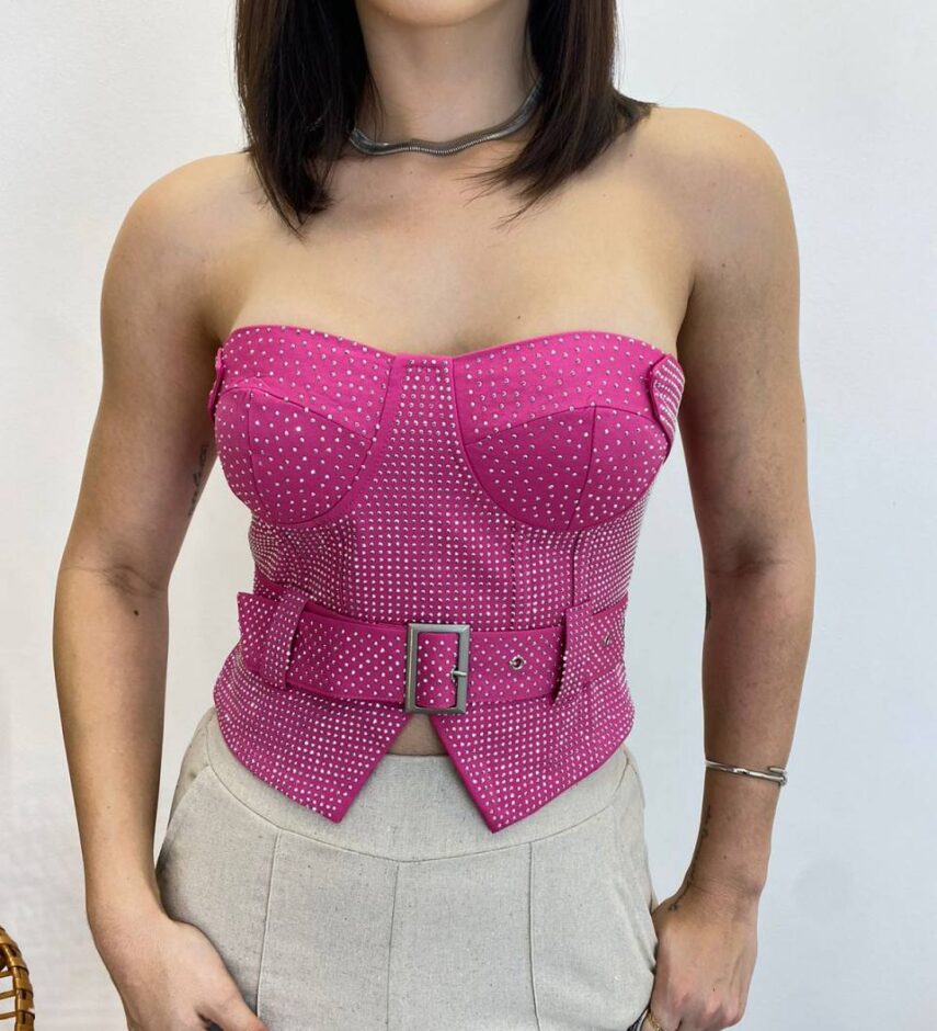 Cropped Feminino Tomara que Caia Pink sem Bojo com Cinto - Fernanda Ramos Store