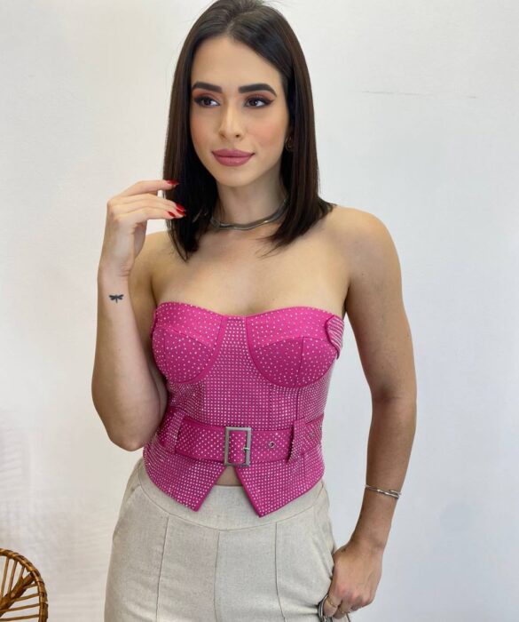 Cropped Feminino Tomara que Caia Pink sem Bojo com Cinto - Fernanda Ramos Store