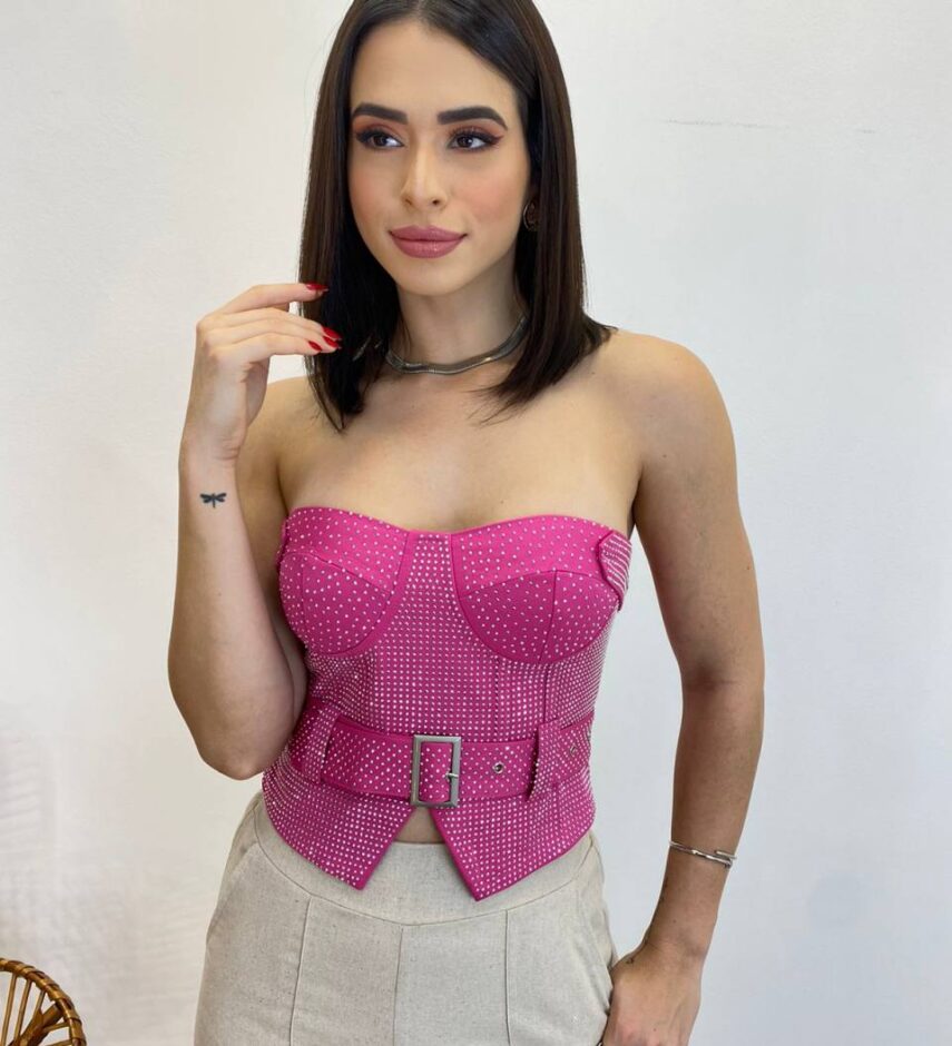 Cropped Feminino Tomara que Caia Pink sem Bojo com Cinto - Fernanda Ramos Store
