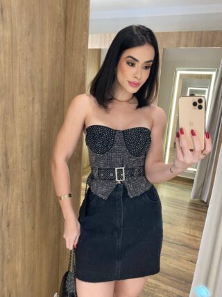 Cropped Feminino Tomara que Caia Preto sem Bojo com Cinto - Fernanda Ramos Store