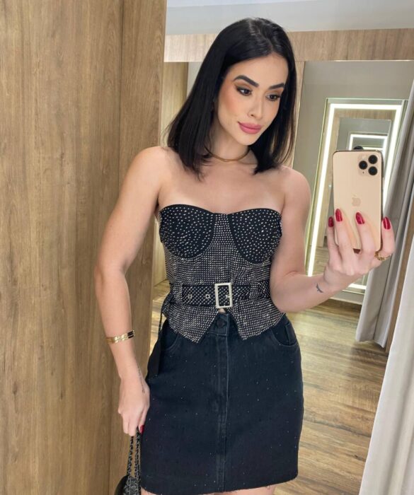 Cropped Feminino Tomara que Caia Preto sem Bojo com Cinto - Fernanda Ramos Store