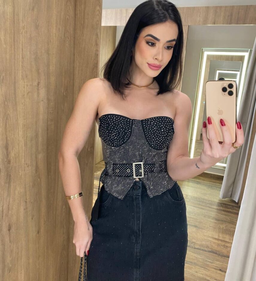 Cropped Feminino Tomara que Caia Preto sem Bojo com Cinto - Fernanda Ramos Store